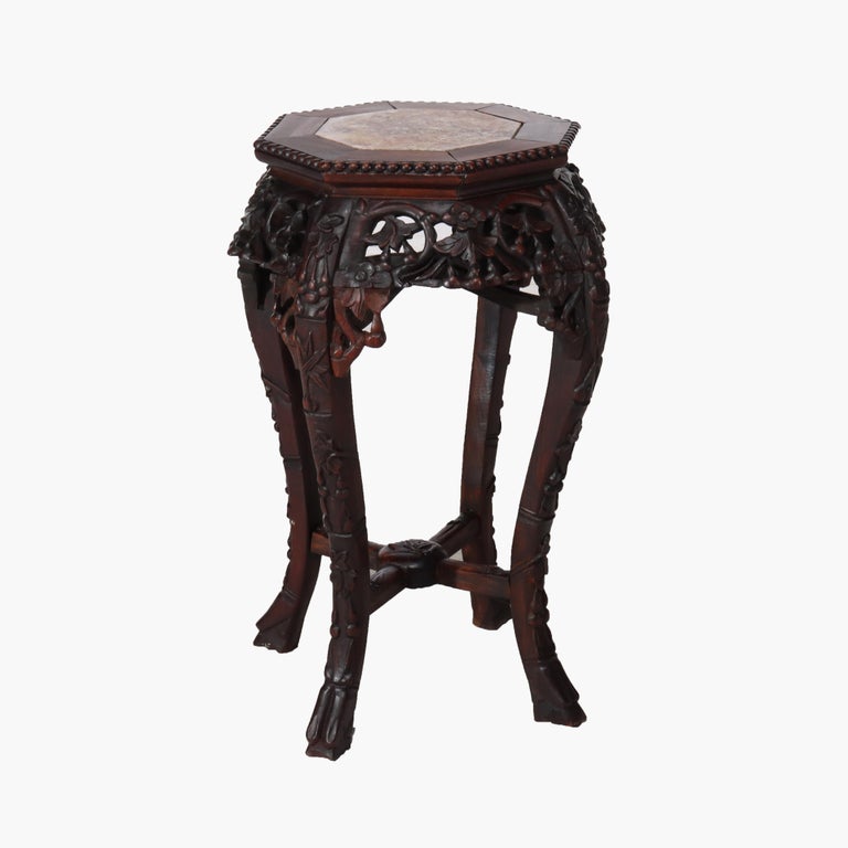 Antique Chinese Floral Carved Hardwood Stand With Rouge Marble Top c1910