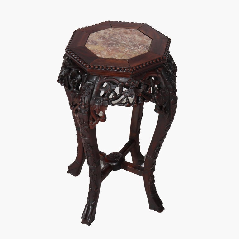Antique Chinese Floral Carved Hardwood Stand With Rouge Marble Top c1910