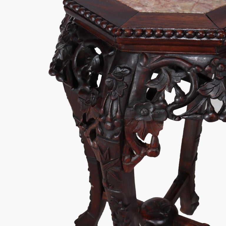 Antique Chinese Floral Carved Hardwood Stand With Rouge Marble Top c1910