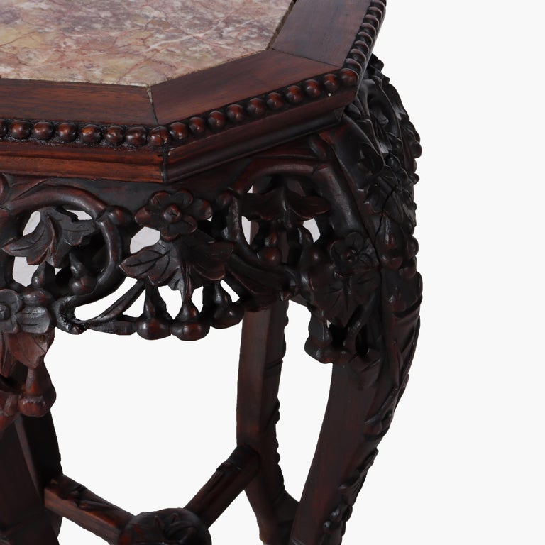 Antique Chinese Floral Carved Hardwood Stand With Rouge Marble Top c1910