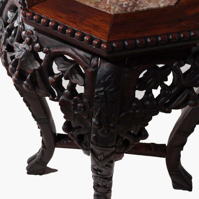 Antique Chinese Floral Carved Hardwood Stand With Rouge Marble Top c1910