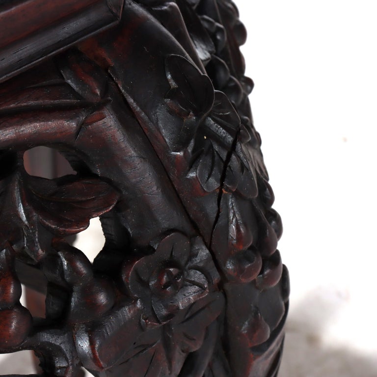 Antique Chinese Floral Carved Hardwood Stand With Rouge Marble Top c1910