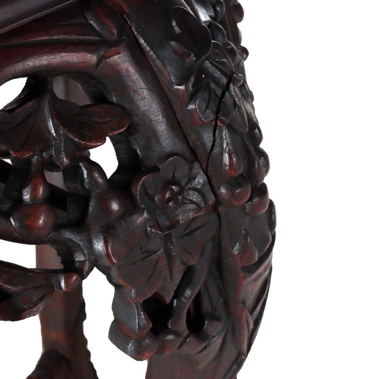 Antique Chinese Floral Carved Hardwood Stand With Rouge Marble Top c1910