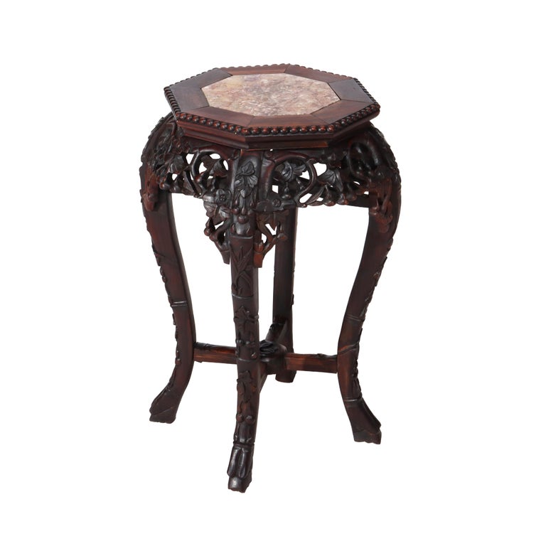 Antique Chinese Floral Carved Hardwood Stand With Rouge Marble Top c1910