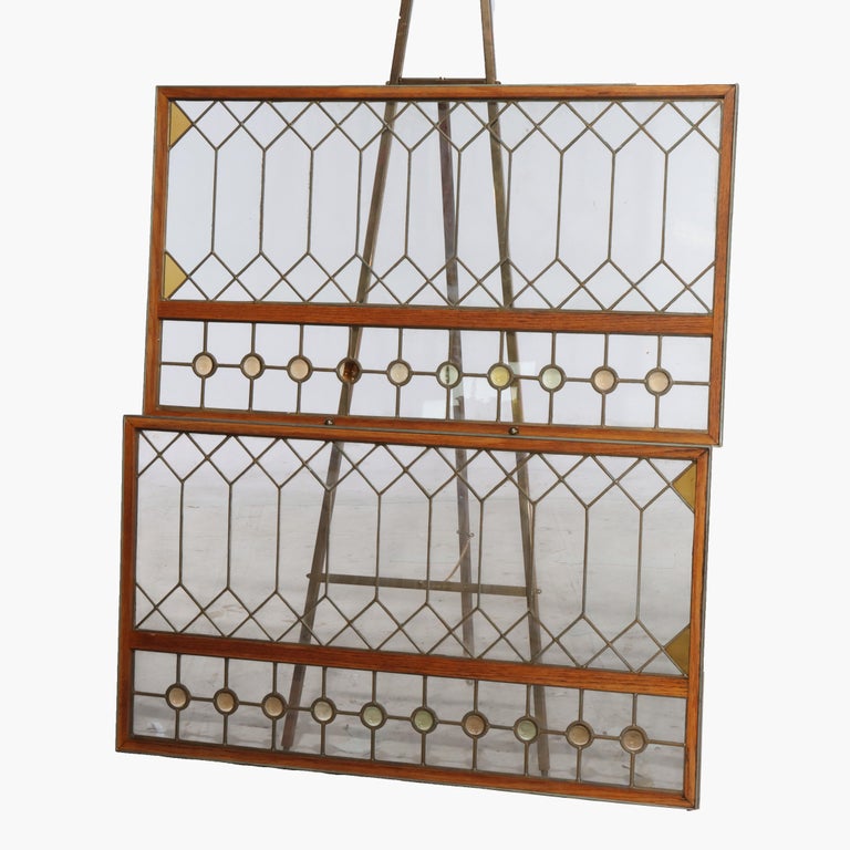 Pair Antique Frank Lloyd Wright School Arts & Crafts Leaded Glass Windows c1920
