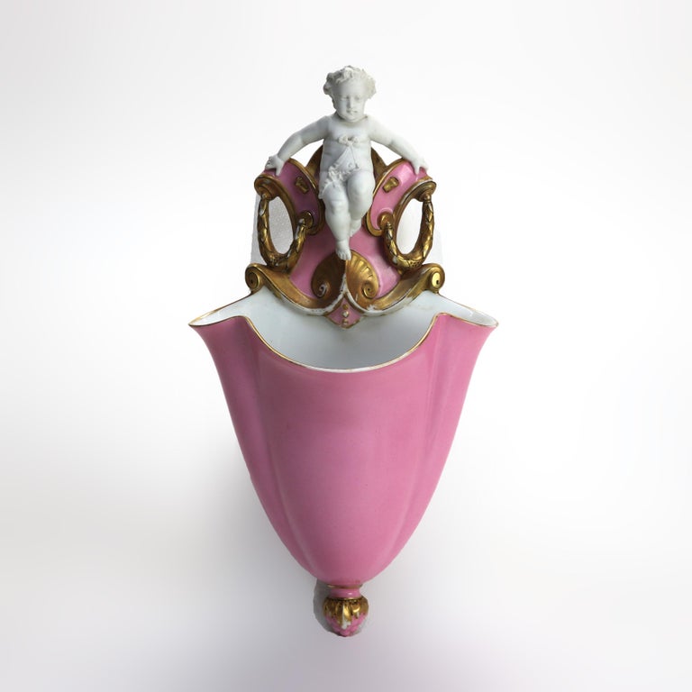 Antique Continental Figural Cherub Porcelain Wall Pocket Signed C1880