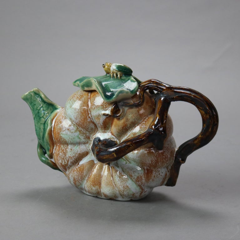 Vintage Majolica Pumpkin, Vine & Leaf Form Pottery Teapot with Beatle 20thC