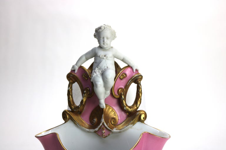 Antique Continental Figural Cherub Porcelain Wall Pocket Signed C1880