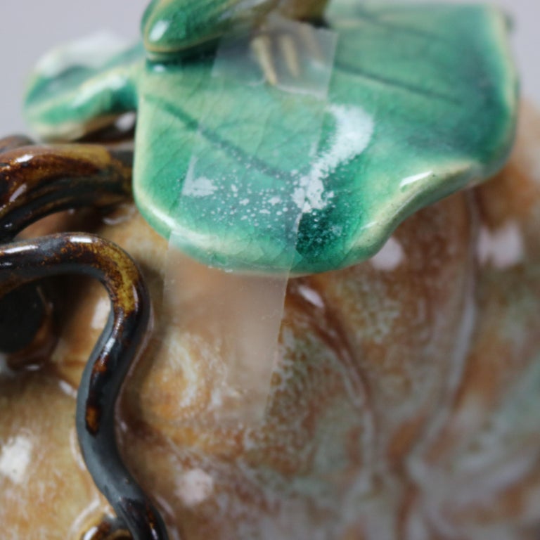 Vintage Majolica Pumpkin, Vine & Leaf Form Pottery Teapot with Beatle 20thC