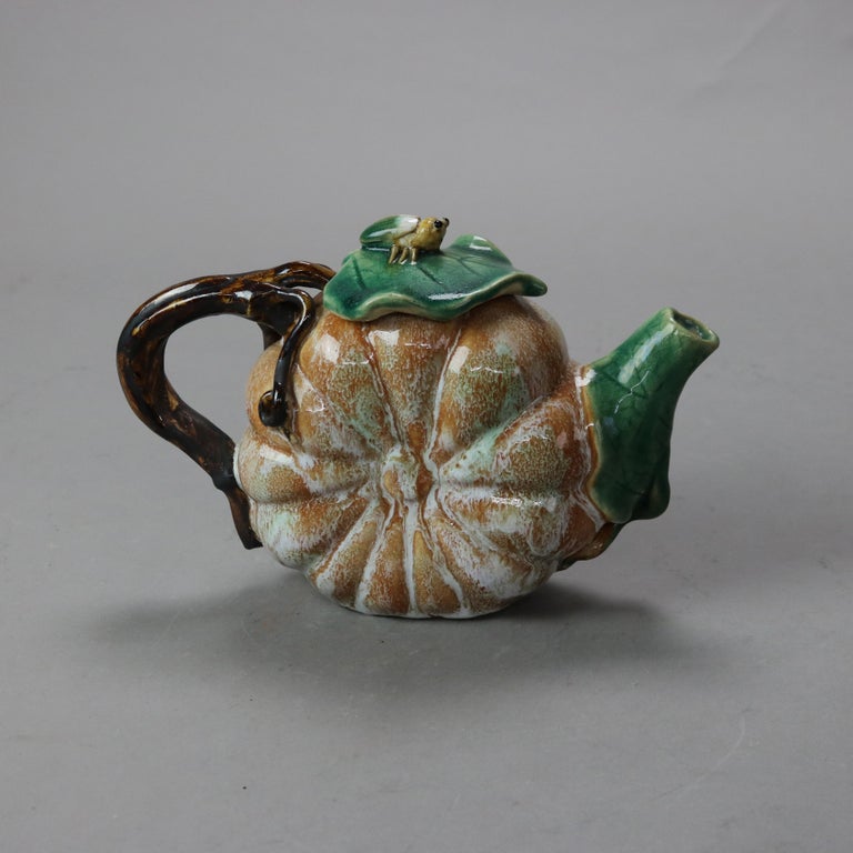 Vintage Majolica Pumpkin, Vine & Leaf Form Pottery Teapot with Beatle 20thC