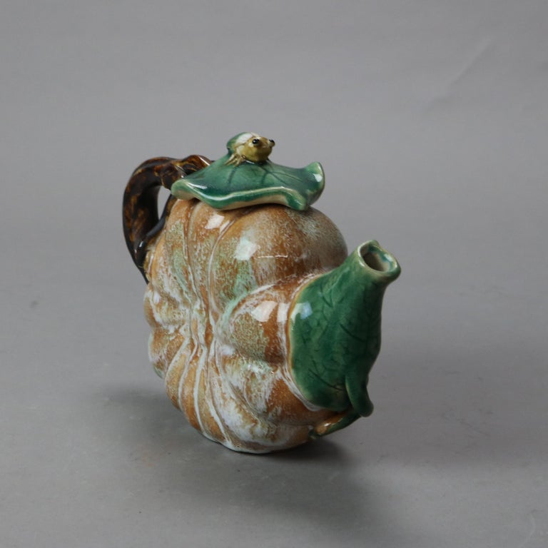 Vintage Majolica Pumpkin, Vine & Leaf Form Pottery Teapot with Beatle 20thC