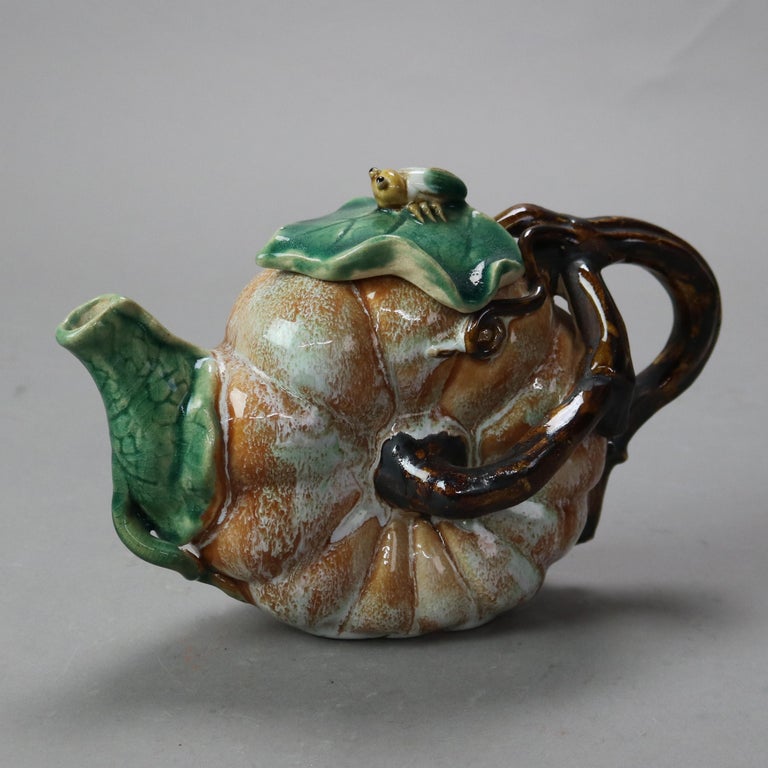 Vintage Majolica Pumpkin, Vine & Leaf Form Pottery Teapot with Beatle 20thC
