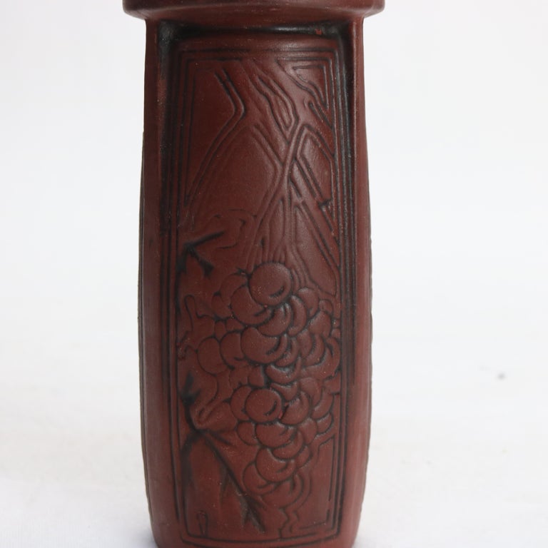 Antique Arts & Crafts Embossed Paneled Grape & Leaf Redware Pottery Vase c1920