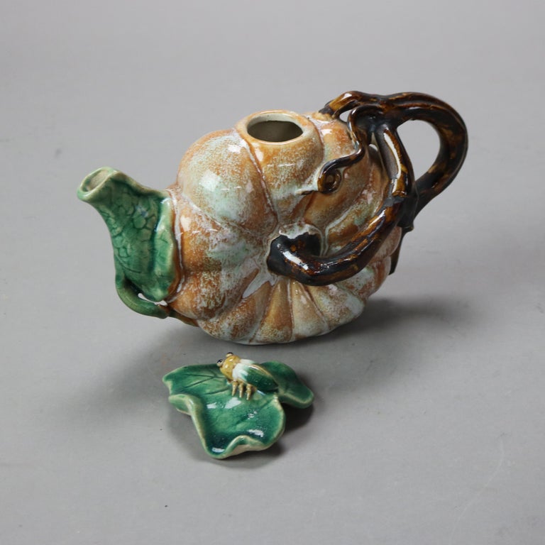 Vintage Majolica Pumpkin, Vine & Leaf Form Pottery Teapot with Beatle 20thC