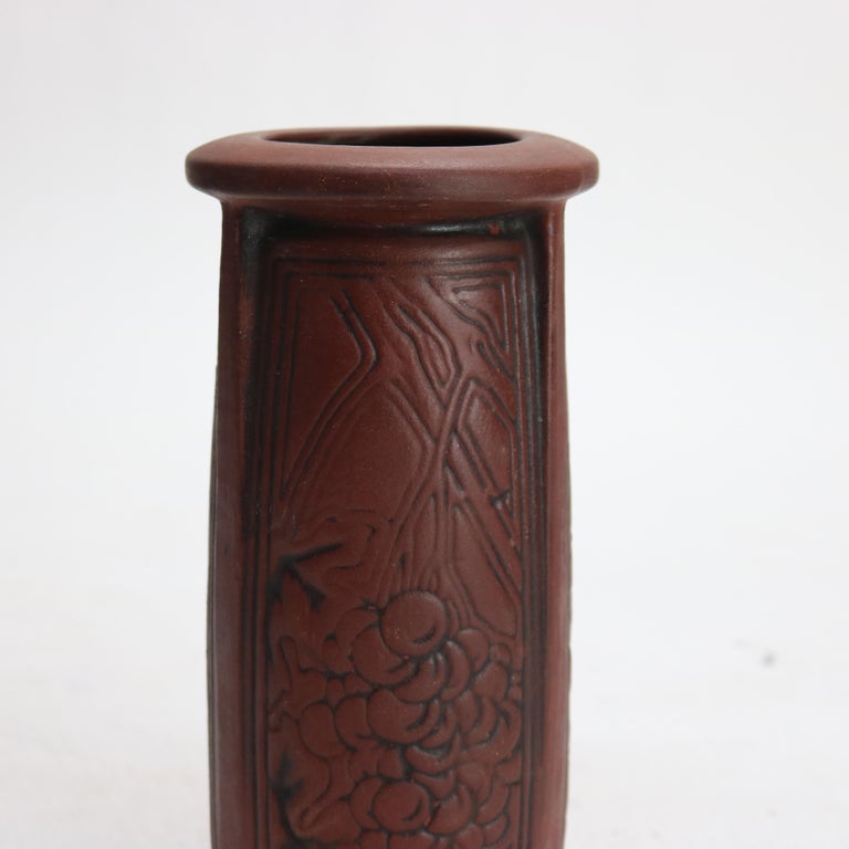 Antique Arts & Crafts Embossed Paneled Grape & Leaf Redware Pottery Vase c1920