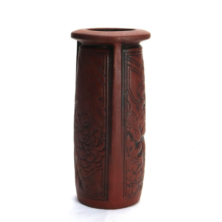 Antique Arts & Crafts Embossed Paneled Grape & Leaf Redware Pottery Vase c1920
