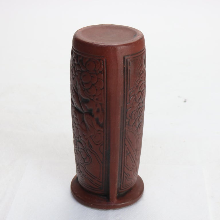 Antique Arts & Crafts Embossed Paneled Grape & Leaf Redware Pottery Vase c1920