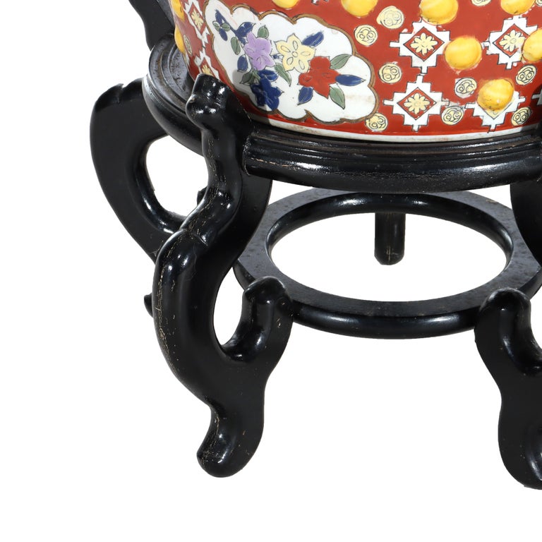 Vintage Chinese Floral & Genre Scene Pottery Garden Seat With Carved Wood Base