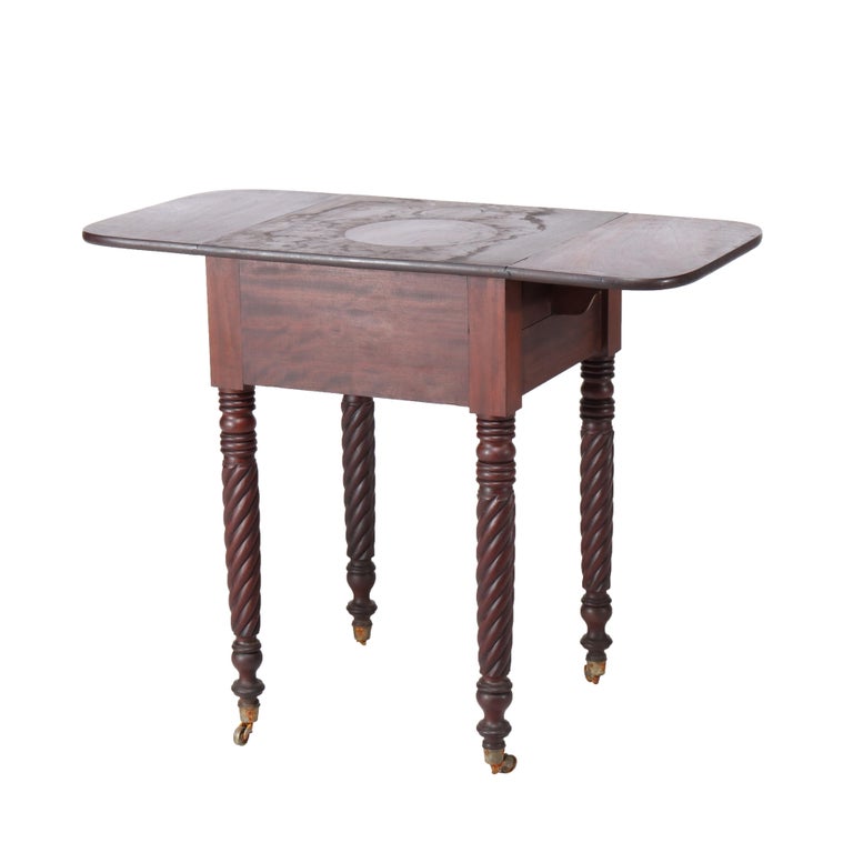 Antique Sheraton Flame Mahogany 2 Drawer Drop Leaf Work Table c1830