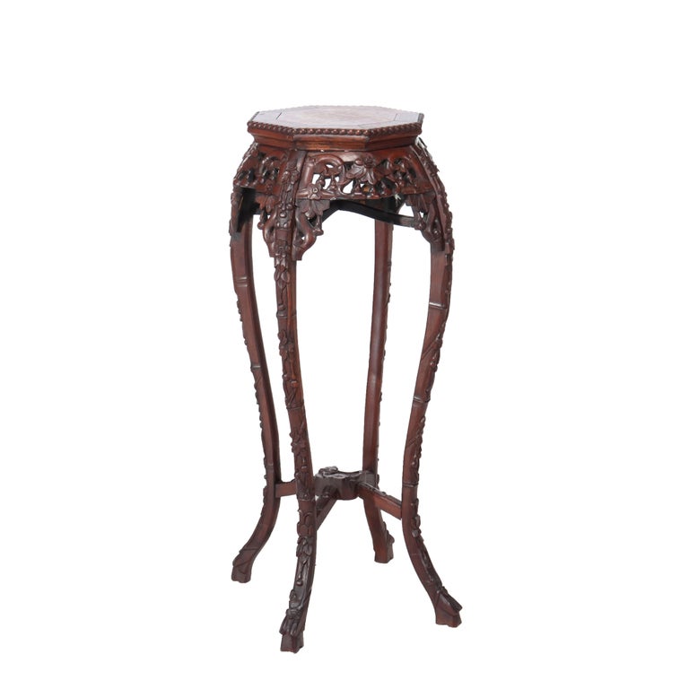 Antique Chinese Floral Carved Hardwood Stand With Rouge Marble Top c1920