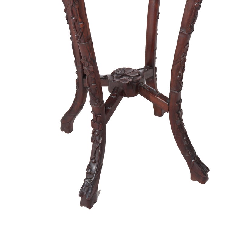 Antique Chinese Floral Carved Hardwood Stand With Rouge Marble Top c1920