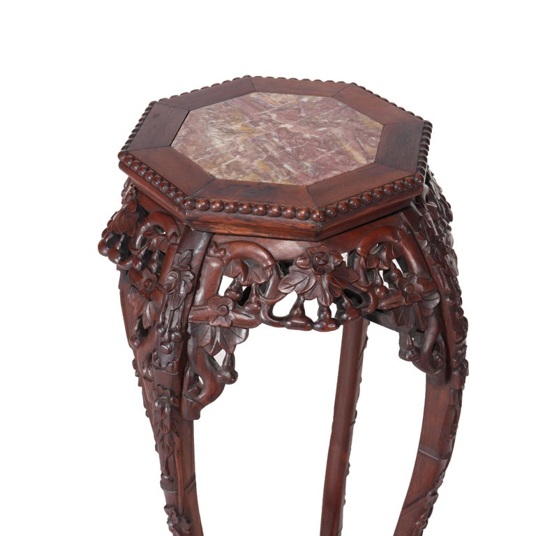 Antique Chinese Floral Carved Hardwood Stand With Rouge Marble Top c1920