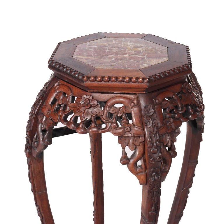 Antique Chinese Floral Carved Hardwood Stand With Rouge Marble Top c1920