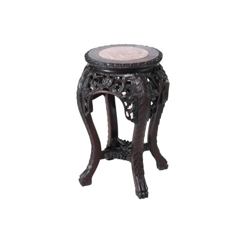 Antique Chinese Floral Carved Hardwood Stand With Rouge Marble Top Urns c1920