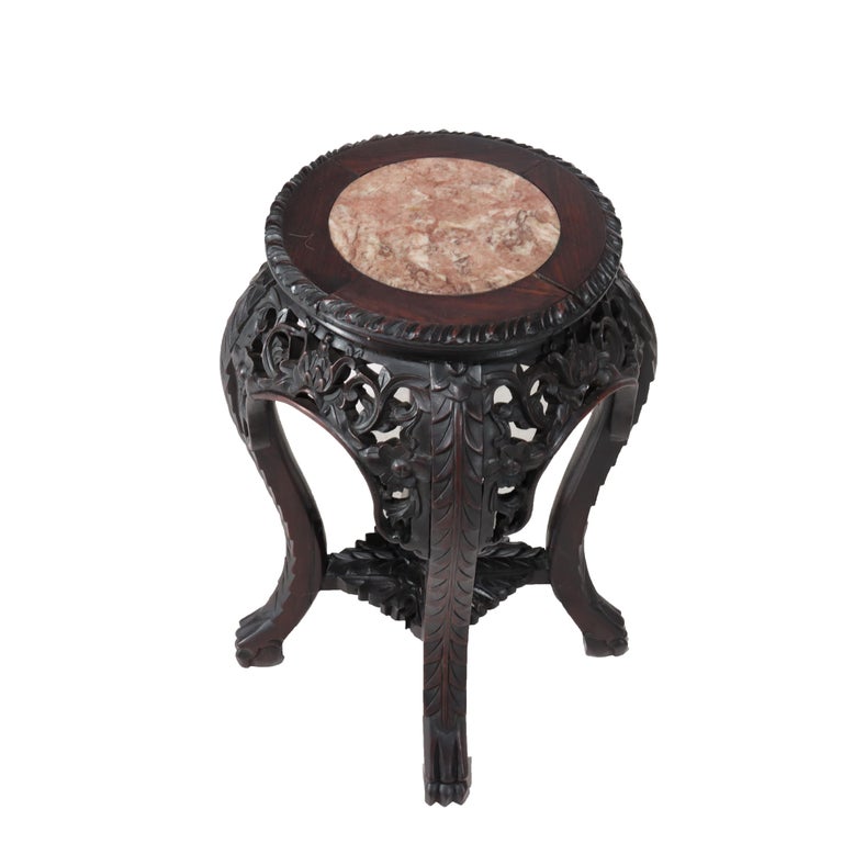 Antique Chinese Floral Carved Hardwood Stand With Rouge Marble Top Urns c1920