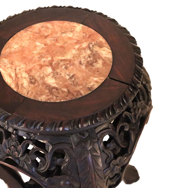 Antique Chinese Floral Carved Hardwood Stand With Rouge Marble Top Urns c1920