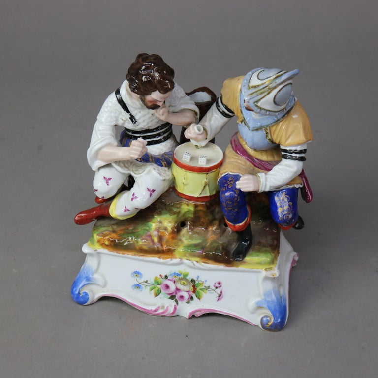 Antique German Meissen School Porcelain Dice Throwers Figural Candle Stand C1890