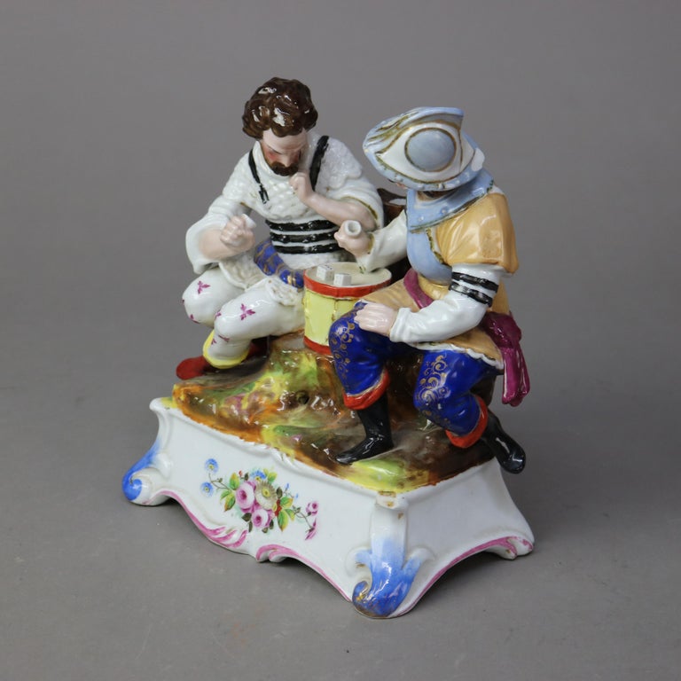 Antique German Meissen School Porcelain Dice Throwers Figural Candle Stand C1890