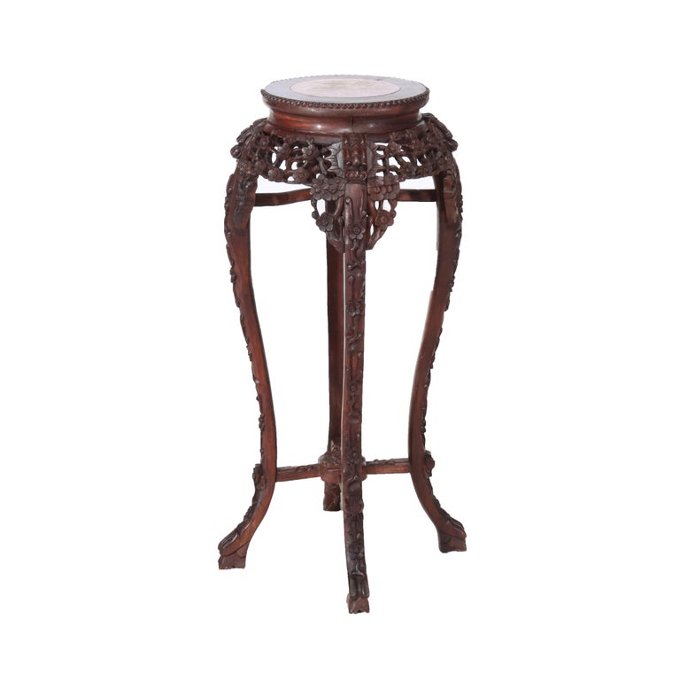 Antique Chinese Carved Bamboo Form Hardwood Marble Top Table c1920