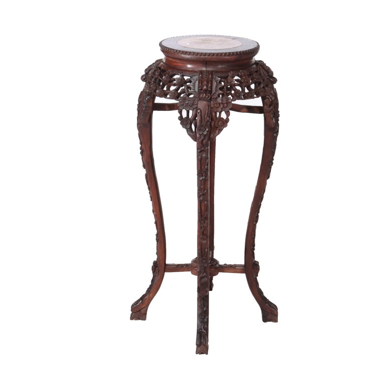 Antique Chinese Carved Bamboo Form Hardwood Marble Top Table c1920