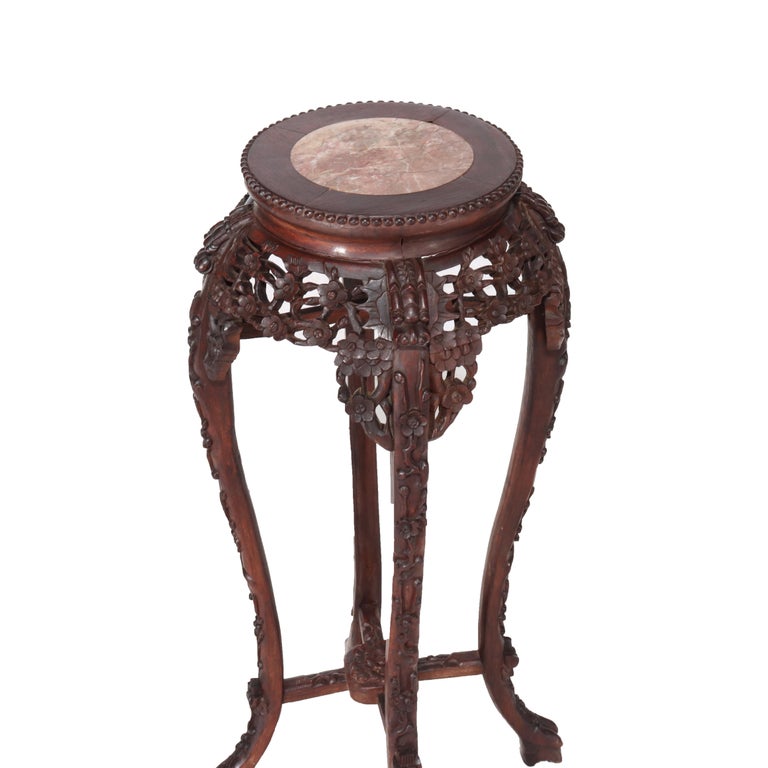 Antique Chinese Carved Bamboo Form Hardwood Marble Top Table c1920