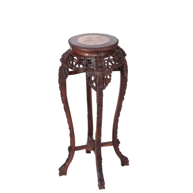 Antique Chinese Carved Bamboo Form Hardwood Marble Top Table c1920