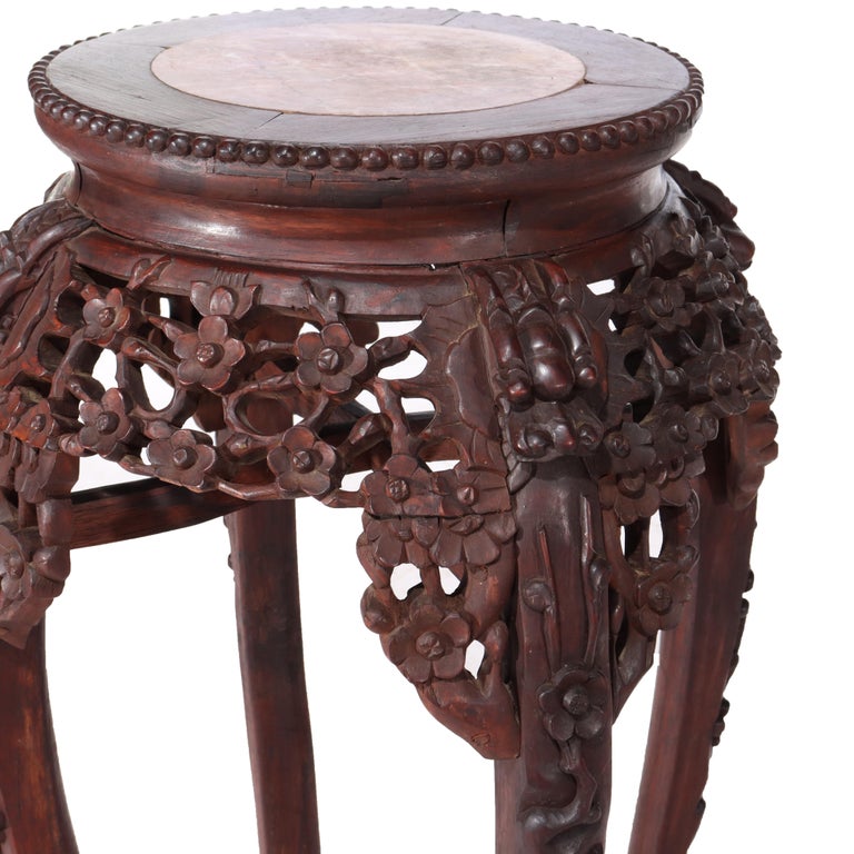 Antique Chinese Carved Bamboo Form Hardwood Marble Top Table c1920