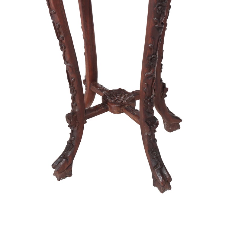Antique Chinese Carved Bamboo Form Hardwood Marble Top Table c1920