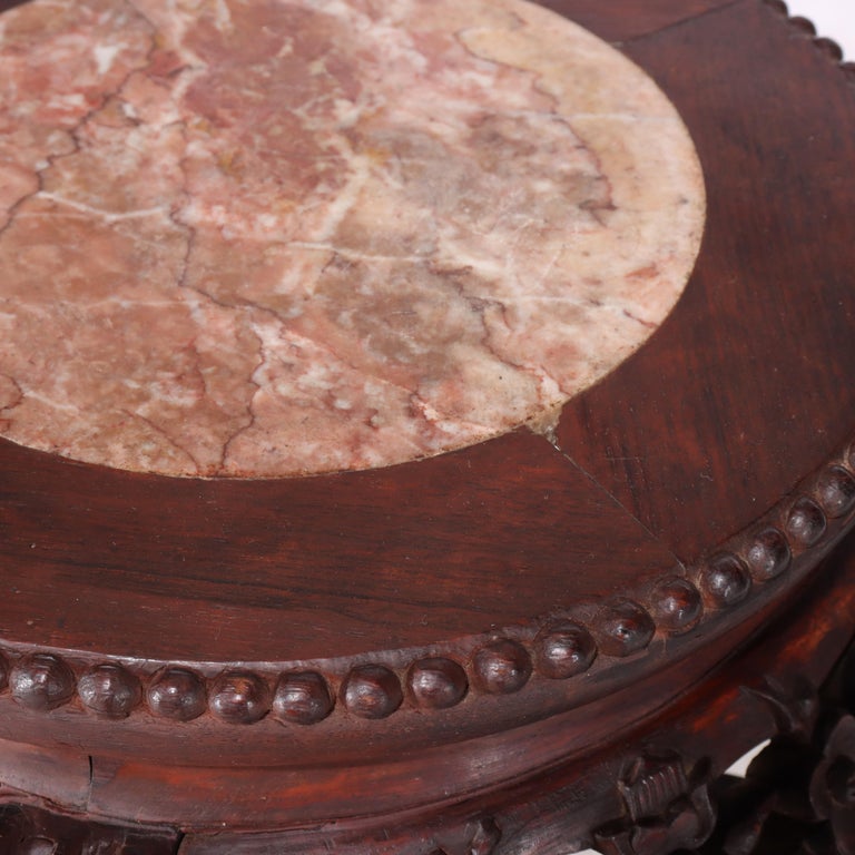Antique Chinese Carved Bamboo Form Hardwood Marble Top Table c1920