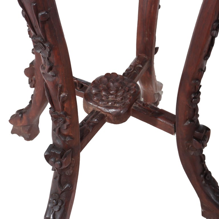 Antique Chinese Carved Bamboo Form Hardwood Marble Top Table c1920