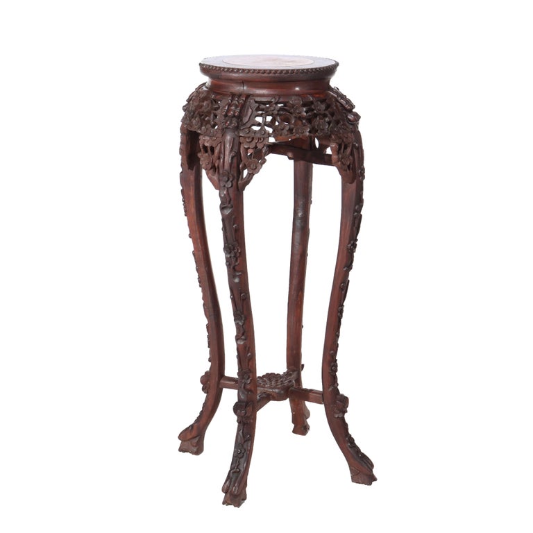 Antique Chinese Carved Bamboo Form Hardwood Marble Top Table c1920