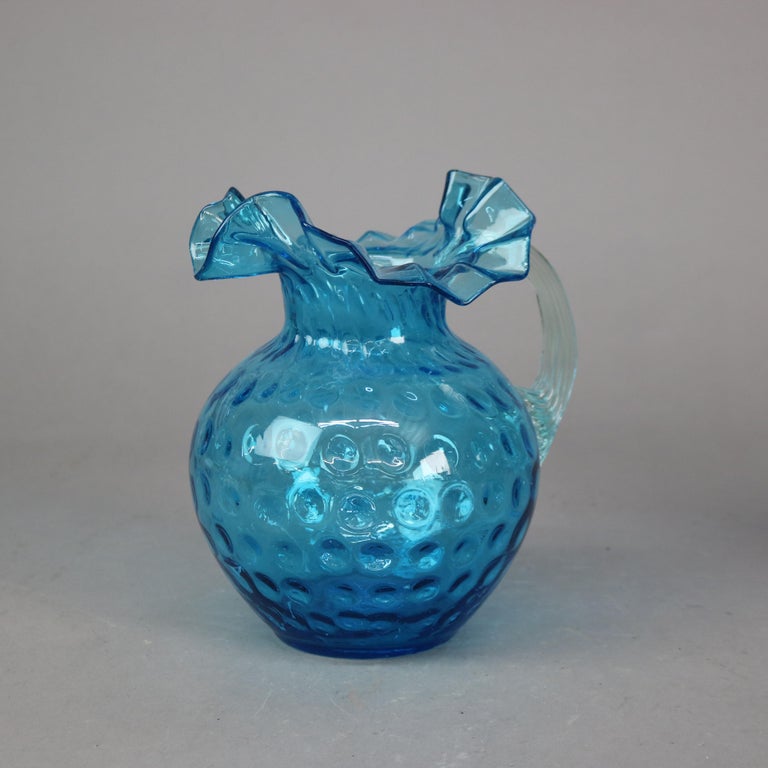 Antique Ariel Blue Coinspot Ruffle Top Glass Water Pitcher C1900