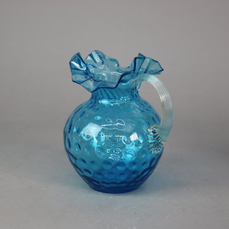 Antique Ariel Blue Coinspot Ruffle Top Glass Water Pitcher C1900