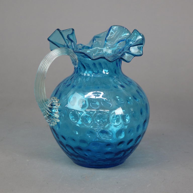 Antique Ariel Blue Coinspot Ruffle Top Glass Water Pitcher C1900
