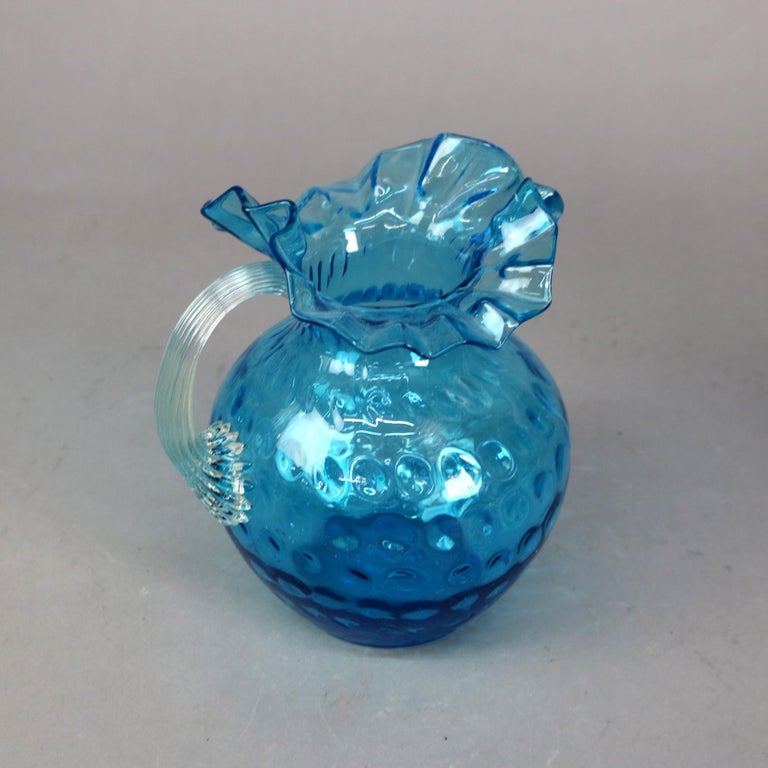 Antique Ariel Blue Coinspot Ruffle Top Glass Water Pitcher C1900