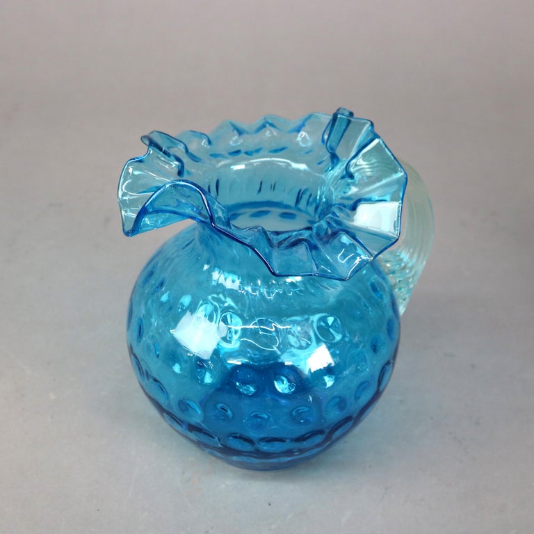 Antique Ariel Blue Coinspot Ruffle Top Glass Water Pitcher C1900