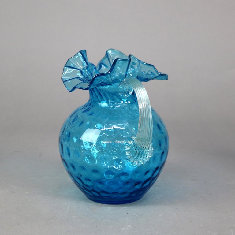 Antique Ariel Blue Coinspot Ruffle Top Glass Water Pitcher C1900