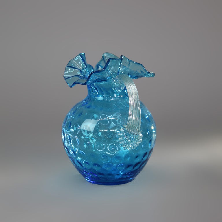 Antique Ariel Blue Coinspot Ruffle Top Glass Water Pitcher C1900