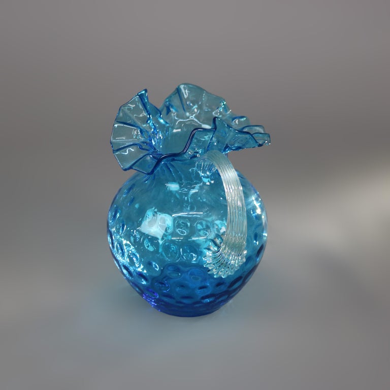 Antique Ariel Blue Coinspot Ruffle Top Glass Water Pitcher C1900