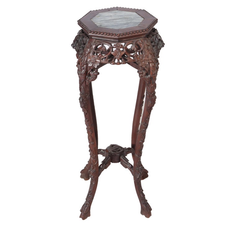 Antique Chinese Floral Carved Hardwood Marble Top Stand C1910